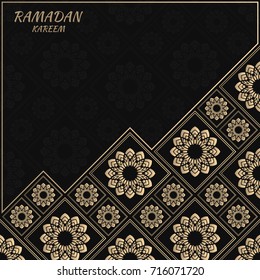 Vector card with floral tiles. Islamic design. Golden foil decorative elements. Gold and black background.