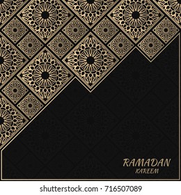Vector card with floral tiles. Islamic design. Golden foil decorative elements. Gold and black background.