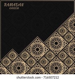 Vector card with floral tiles. Islamic design. Golden foil decorative elements. Gold and black background.
