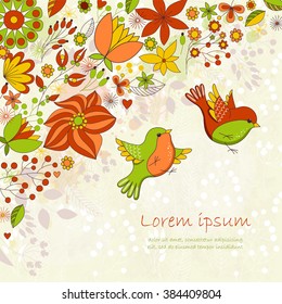 Vector card with flowers and birds. Cute colorful floral background. Romantic card. Perfect for greetings, invitations, announcement, wedding design.