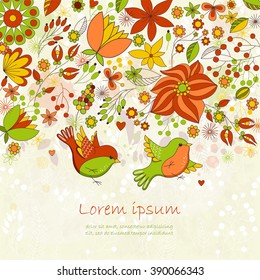 Vector card with flowers and birds. Cute colorful floral background. Romantic card. Perfect for greetings, invitations, announcement, wedding design.