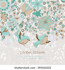 Vector card with flowers and birds. Cute floral background. Romantic card. Perfect for greetings, invitations, announcement, wedding design.