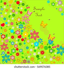 Vector card with flowers and green background 
