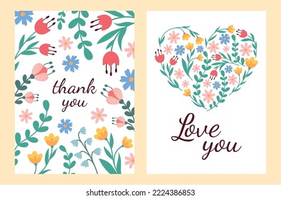 Vector card with flowers and inscriptions. Love you and thank you. Flower heart and flower frame