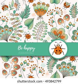 Vector card with flowers and ladybugs. Ribbon with place for you text. Perfect for greetings, invitations, announcement, wedding design.