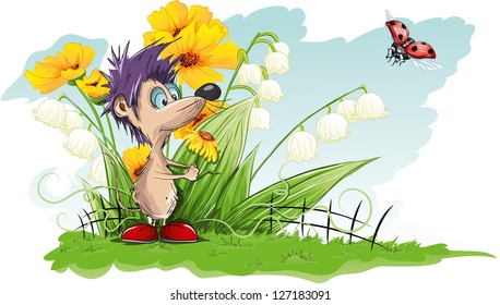 Vector card with flowers and little mouse