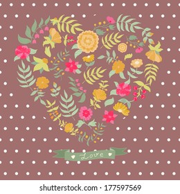 Vector card with flowers and love sign to Valentine's Day. Wedding invitation. 