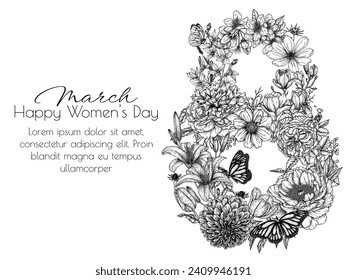 Vector card with flowers for March 8th. Flower figure eight and butterflies in engraving style