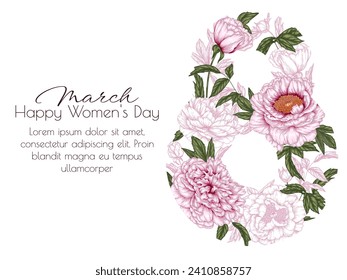 Vector card with flowers for March 8th. Flower figure eight in engraving style