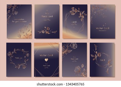 Vector card with flowers rose, leaves and Geometric. Botanic Design for invitation