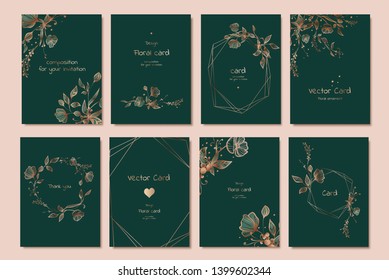 Vector card with flowers rose, leaves and Geometric. Botanic Design for invitation