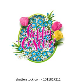 Vector card with flowers shaped egg. Silhouette of egg with white and blue spring flowers. Handwriting inscription Happy Easter. Floral background. Lettering, calligraphy. Tulips. Cut paper effect.