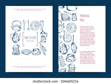Vector card, flyer or brochure template for kitchen accessories shop or cooking classes with hand drawn kitchen utensils illustration