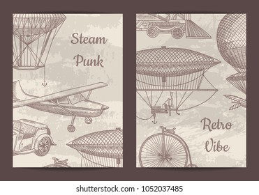 Vector card, flyer or brochure template for steampunk theme party or shop with hand drawn dirigibles, air baloons and vintage cars illustration
