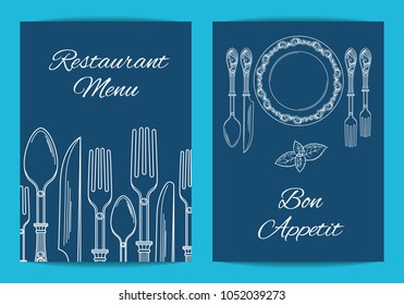 Vector card, flyer or brochure template for restaurant or cafe menu with exquisite hand drawn tableware illustration