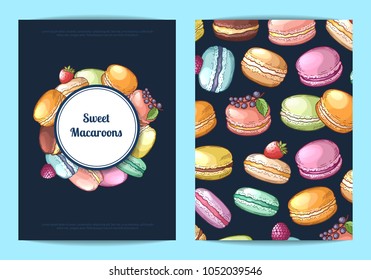 Vector card, flyer or brochure template for sweet or pastry shop with colored hand drawn macaroons illustration