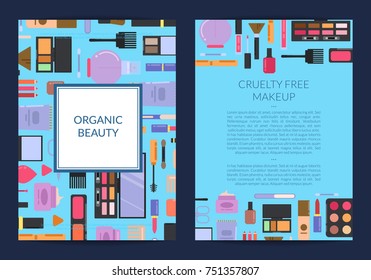 Vector card, flyer, brochure template for beauty brand,presentation with flat style makeup and skincare background illustration