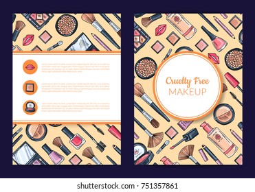 Vector card, flyer, brochure template for beauty brand, presentation with hand drawn makeup background, framed circle and rectangle with shadows illustration