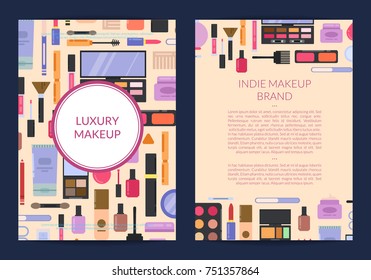 Vector card, flyer, brochure template for beauty brand, presentation with flat style makeup and skincare background illustration