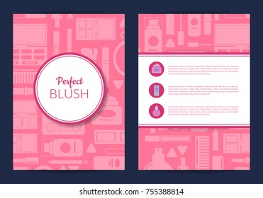 Vector card, flyer, brochure template for beauty brand,presentation with flat style makeup and skincare background with framed circle and rectangle with shadows illustration