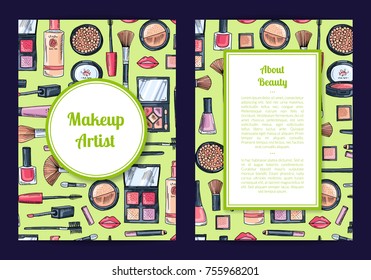 Vector card, flyer, brochure template for beauty brand, presentation with hand drawn makeup background, framed circle and rectangle with shadows illustration