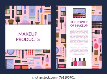 Vector card, flyer, brochure template for beauty brand,presentation with flat style makeup and skincare background, and wide ribbons with shadows illustration