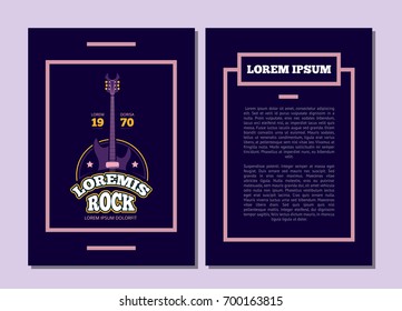 Vector card flyer with retro rock music, shop, sound record studio club logo with guitar and frame illustration banner