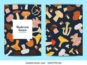 Vector card or flyer set with cartoon mushrooms illustration