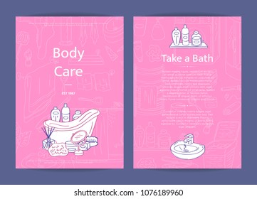 Vector card or flyer template illustration with hand drawn doodle bathroom elements