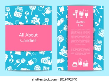 Vector card or flyer template for pastry or confectionary shop with flat style sweets icons illustration