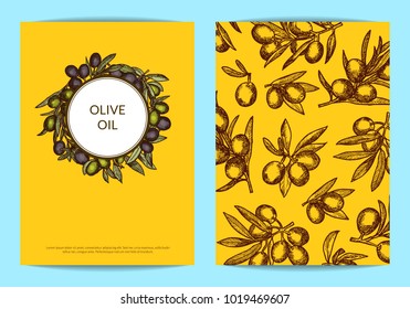 Vector card or flyer template with place for text for oil company with hand drawn olive branches illustration