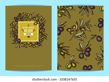 Vector card or flyer template with place for text for oil company with hand drawn olive branches illustration