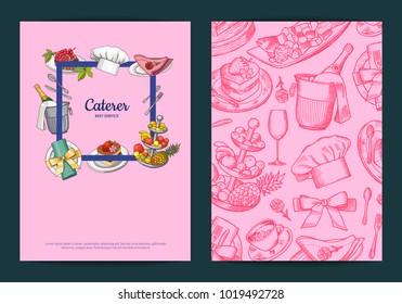 Vector card or flyer templates with hand drawn restaurant or room service elements and place for text illustration
