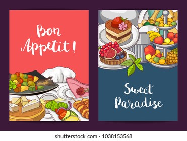 Vector card or flyer templates with hand drawn restaurant or room service elements and place for text illustration
