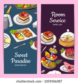 Vector card or flyer templates with hand drawn restaurant or room service elements and place for text. Restaurant brochure with food, hotel service room banner illustration