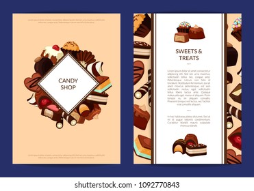 Vector card or flyer templates set with cartoon chocolate candies