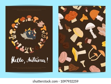 Vector card or flyer templates set with place for text with cartoon mushrooms illustration