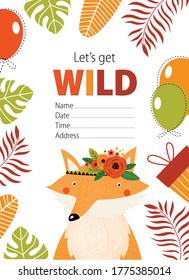 Vektorkarte mit Fuchs. Einladung zum Geburtstag. Poster, Postkarte, Babyshow.
