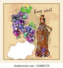 Vector card with frame of grapes, wine with hand-drawing style on watercolor background for design