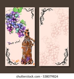 Vector card with frame of grapes, wine with hand-drawing style on watercolor background for design