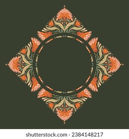 Vector card with frame made of decorative flower arrangement and copy space. Folk art card with symmetrical orange flowers, stems, foliage and place for text. Floral border for invitation