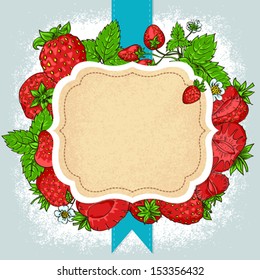 Vector card with frame, strawberry, ribbon, can be used like greeting card, text template, invitation, menu
