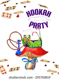Vector Card Frame template. Watercolor Fantasy Hookah-Smoking Caterpillar, Mushroom &  Playing cards, isolated on white background. Alice In Wonderland-themed Design. Birthday card & party invitation.