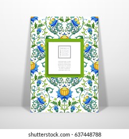 Vector card. Frame for your text. Floral pattern of fantasy flowers. Realistic shadows.