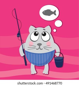 vector card, funny cat with a fishing rod, cat dreaming about fish