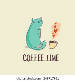 Vector card with funny  cat, hearts and coffee cup. Cute cartoon character. Hand drawing childish background.