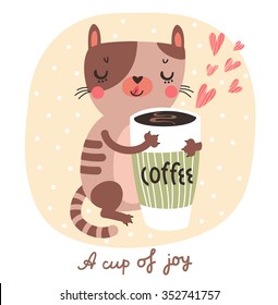 Vector Card With Funny Cat, Hearts And Coffee Cup