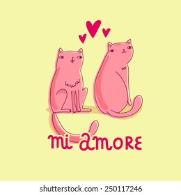 Vector card with funny  cats, hearts and text "my love" in italian. Cute cartoon character. Hand drawing childish background.