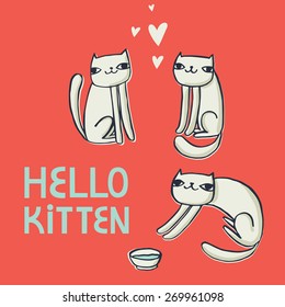 Vector card with funny cats  and text "hello kitten" Cute cartoon character. Hand drawing childish background.