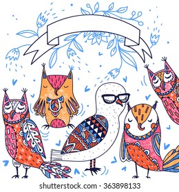vector card with funny colorful owls